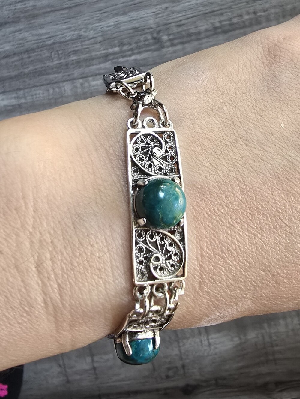 Silver 925 Filigree Bracelet with Teal Stone - Women's Jewelry